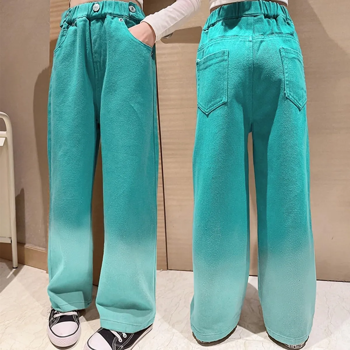 Girls' Baggy Jeans Candy Colors High Rise Elastic Waist Wide Leg Washed Denim Pants Size 5-14 Years …