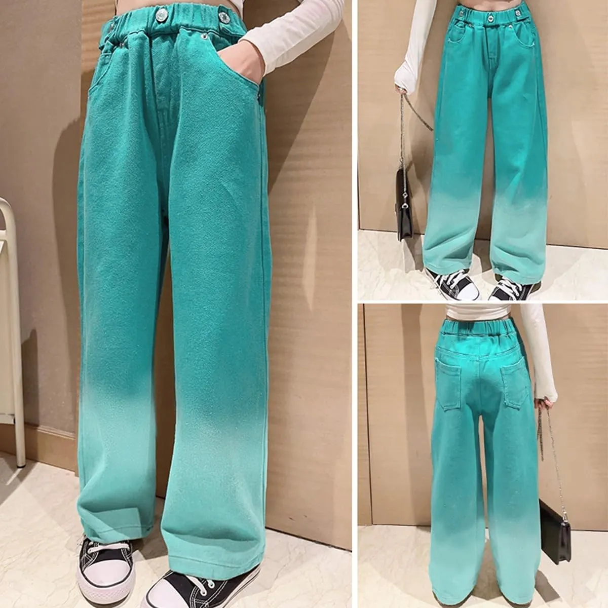 Girls' Baggy Jeans Candy Colors High Rise Elastic Waist Wide Leg Washed Denim Pants Size 5-14 Years …