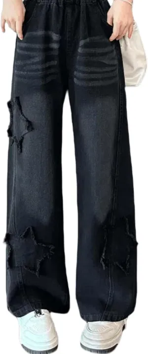 Girls Baggy Wide Leg Jeans Elastic Waist Casual Washed Denim Pants Age 5-14