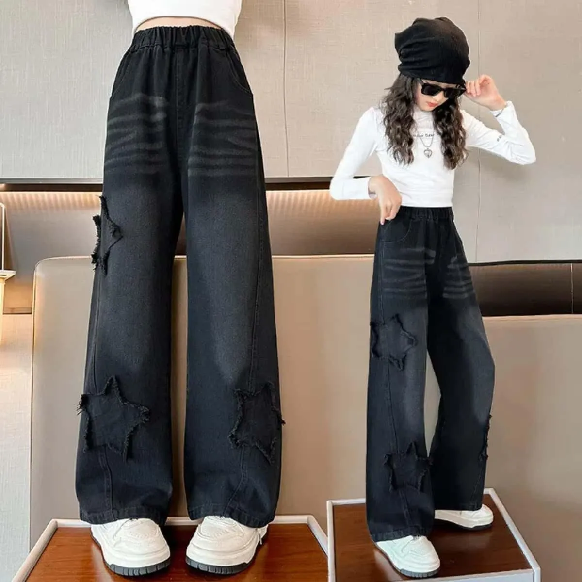 Girls Baggy Wide Leg Jeans Elastic Waist Casual Washed Denim Pants Age 5-14