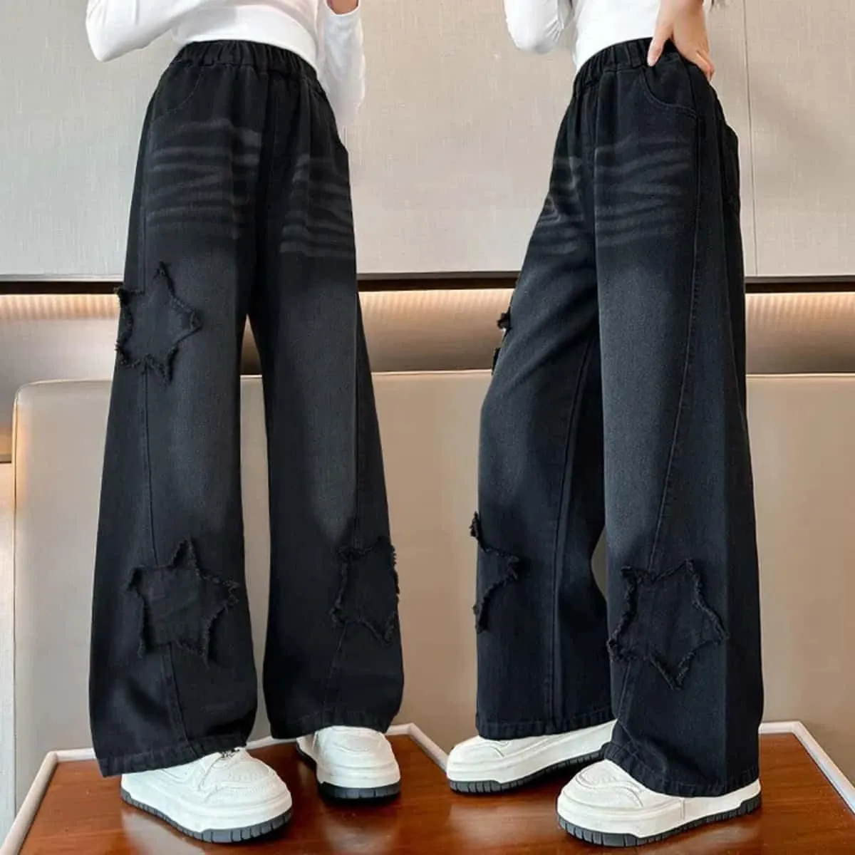 Girls Baggy Wide Leg Jeans Elastic Waist Casual Washed Denim Pants Age 5-14