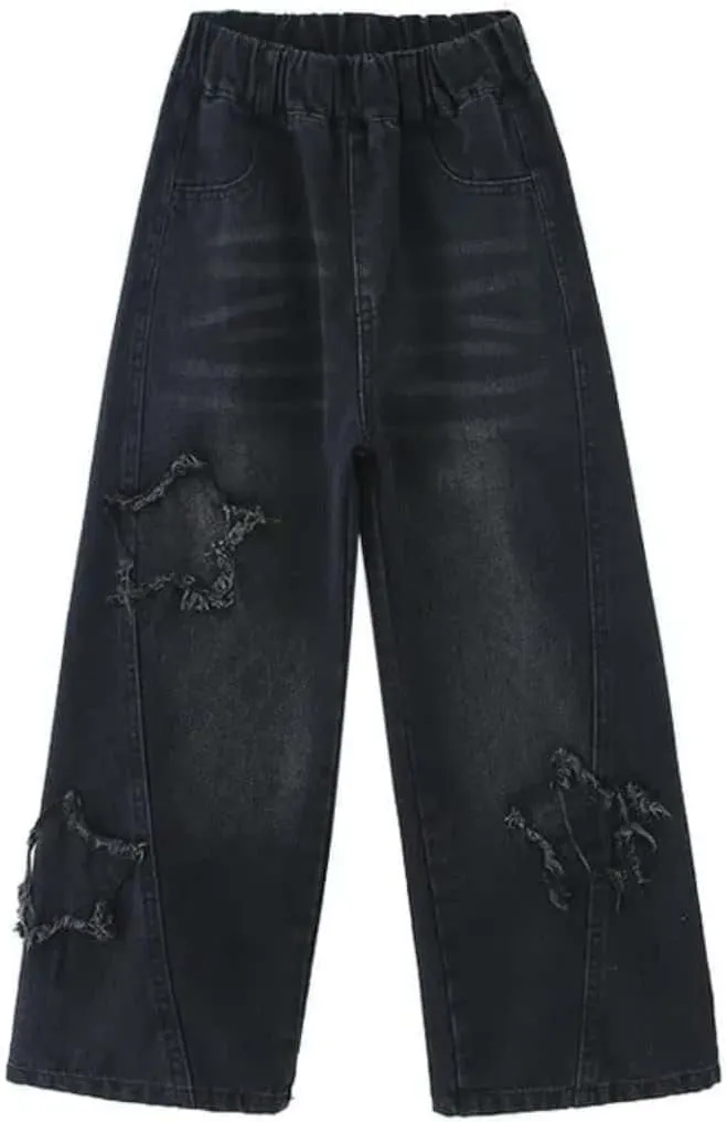 Girls Baggy Wide Leg Jeans Elastic Waist Casual Washed Denim Pants Age 5-14