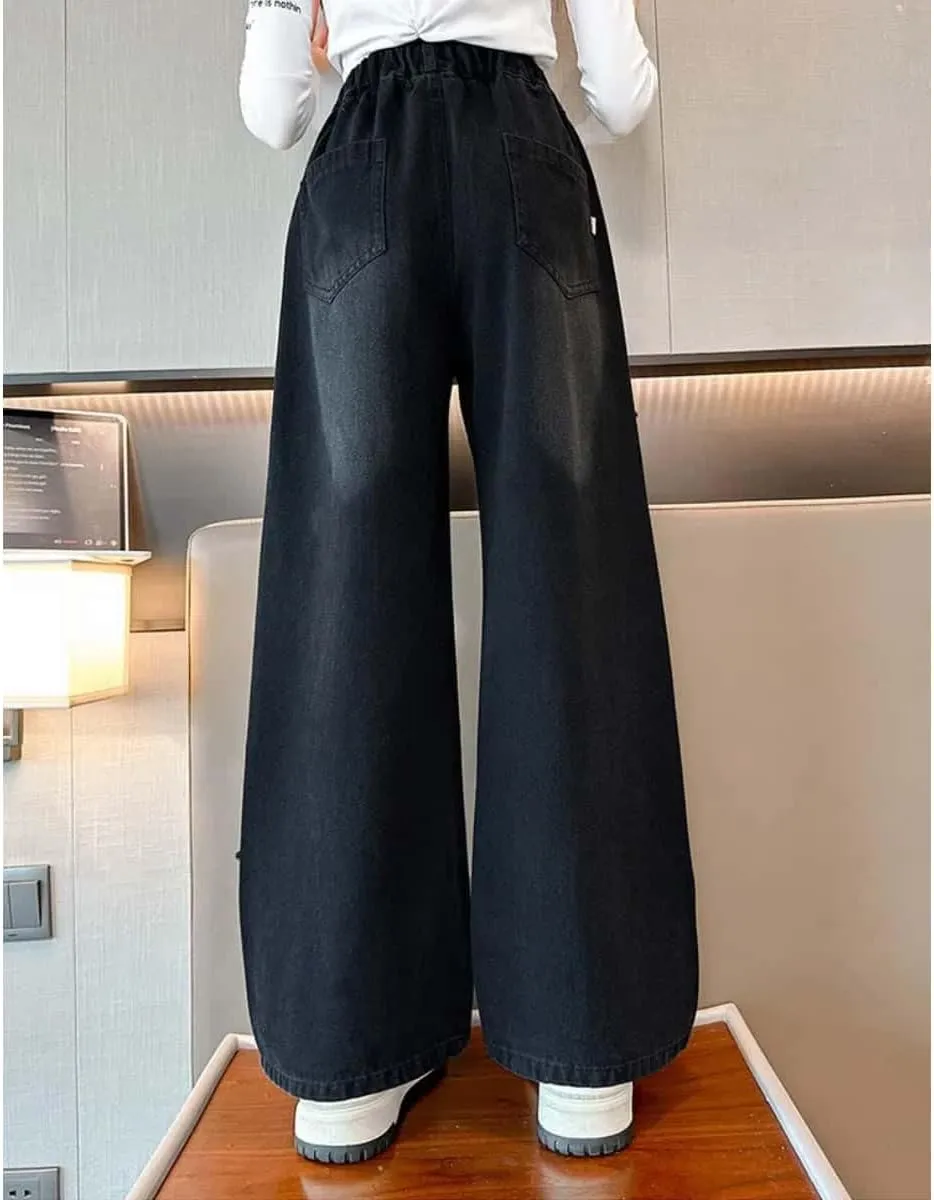 Girls Baggy Wide Leg Jeans Elastic Waist Casual Washed Denim Pants Age 5-14