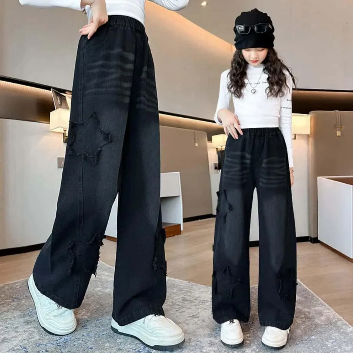 Girls Baggy Wide Leg Jeans Elastic Waist Casual Washed Denim Pants Age 5-14