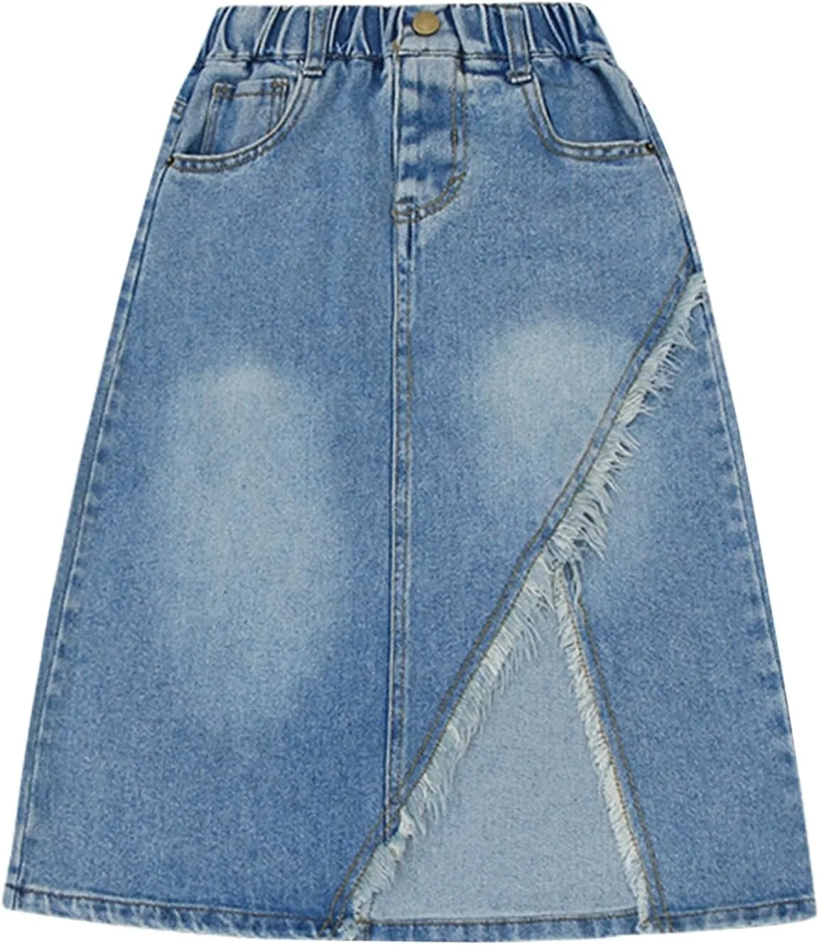 Girls Front Slit 𝗦tretch Denim Skirt Washed Long Denim A-line Maxi Skirt with Pocket Mid Length Skirt Girls