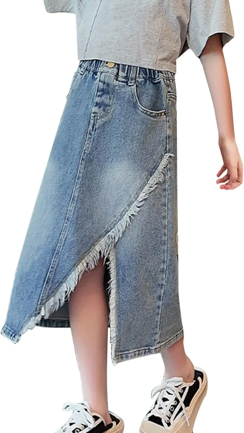 Girls Front Slit 𝗦tretch Denim Skirt Washed Long Denim A-line Maxi Skirt with Pocket Mid Length Skirt Girls