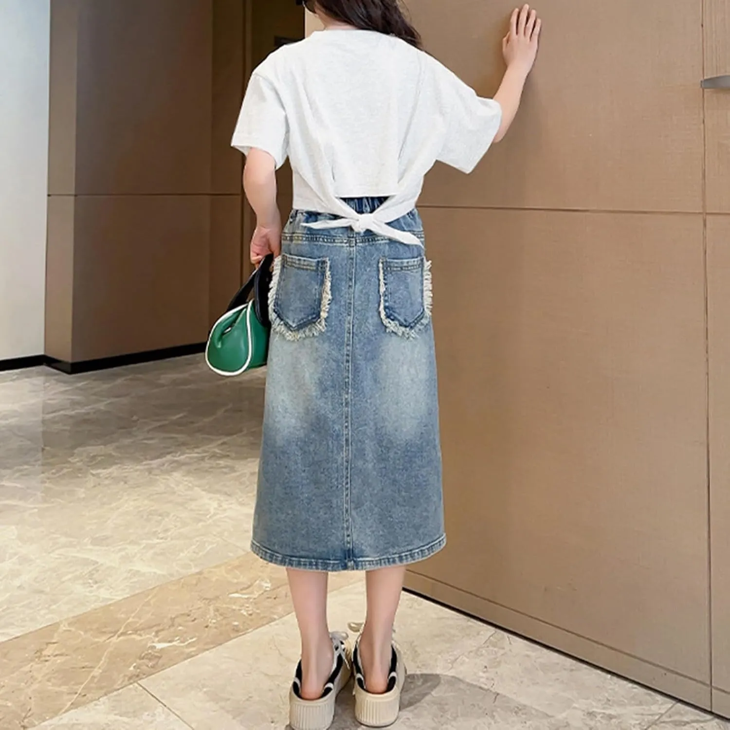 Girls Front Slit 𝗦tretch Denim Skirt Washed Long Denim A-line Maxi Skirt with Pocket Mid Length Skirt Girls