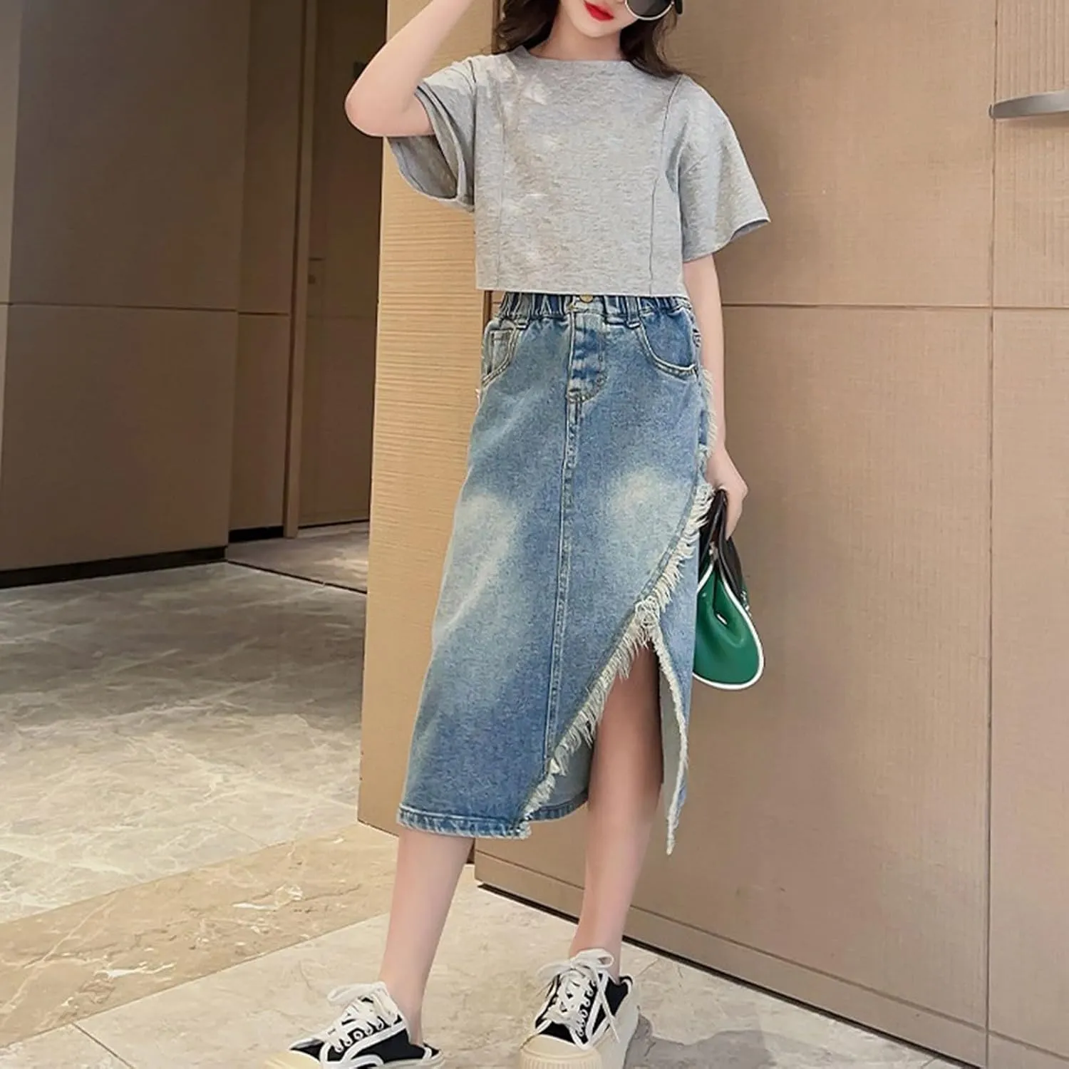 Girls Front Slit 𝗦tretch Denim Skirt Washed Long Denim A-line Maxi Skirt with Pocket Mid Length Skirt Girls