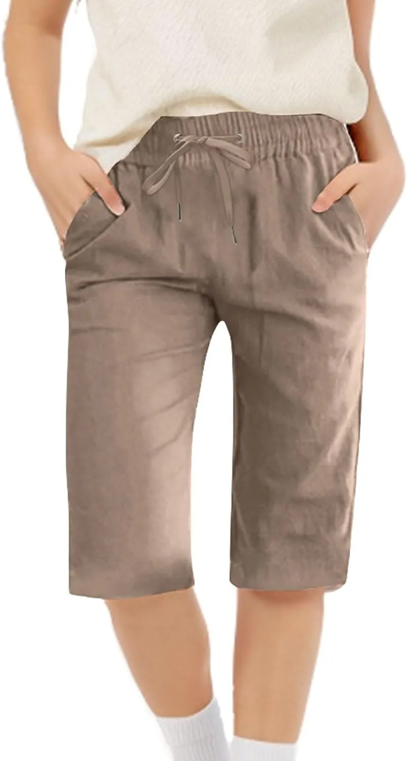 Girls Linen 𝐁ermuda Shorts with Pockets Solid Color Straight Leg Short Pants Fashion Elastic Waist Baggy Shorts