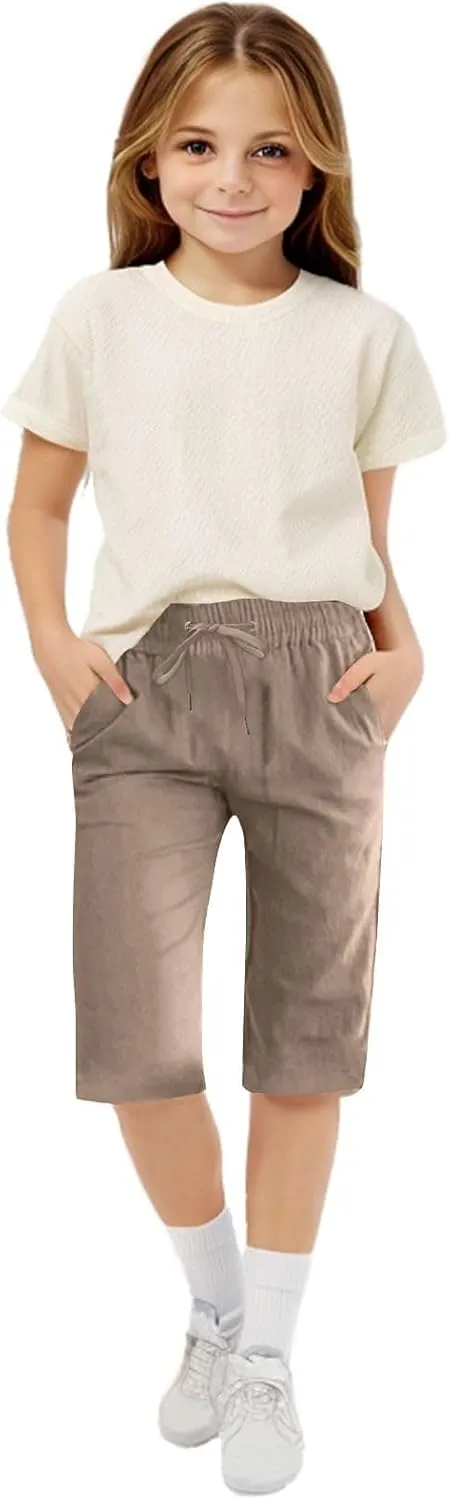 Girls Linen 𝐁ermuda Shorts with Pockets Solid Color Straight Leg Short Pants Fashion Elastic Waist Baggy Shorts