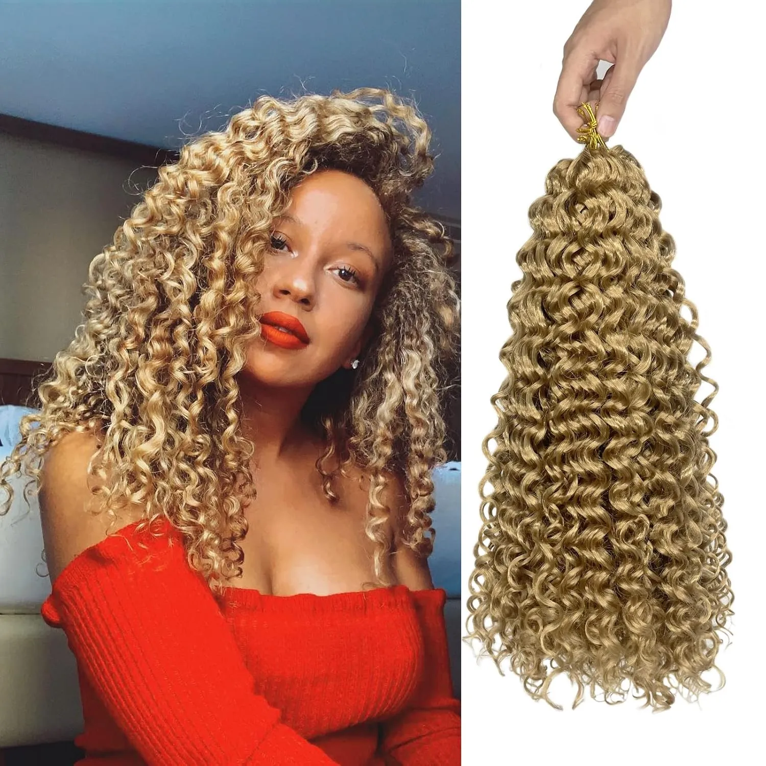 Gogo Curl 14 Inch 8 Packs Curly Crochet Hair for Black Women Light Brown Blonde Color 27 Wavy Beach Curls Water Wave Go Go Crotchet Hair Synthetic Curly Braiding Hair Extensions(14inch 8pack, #27)