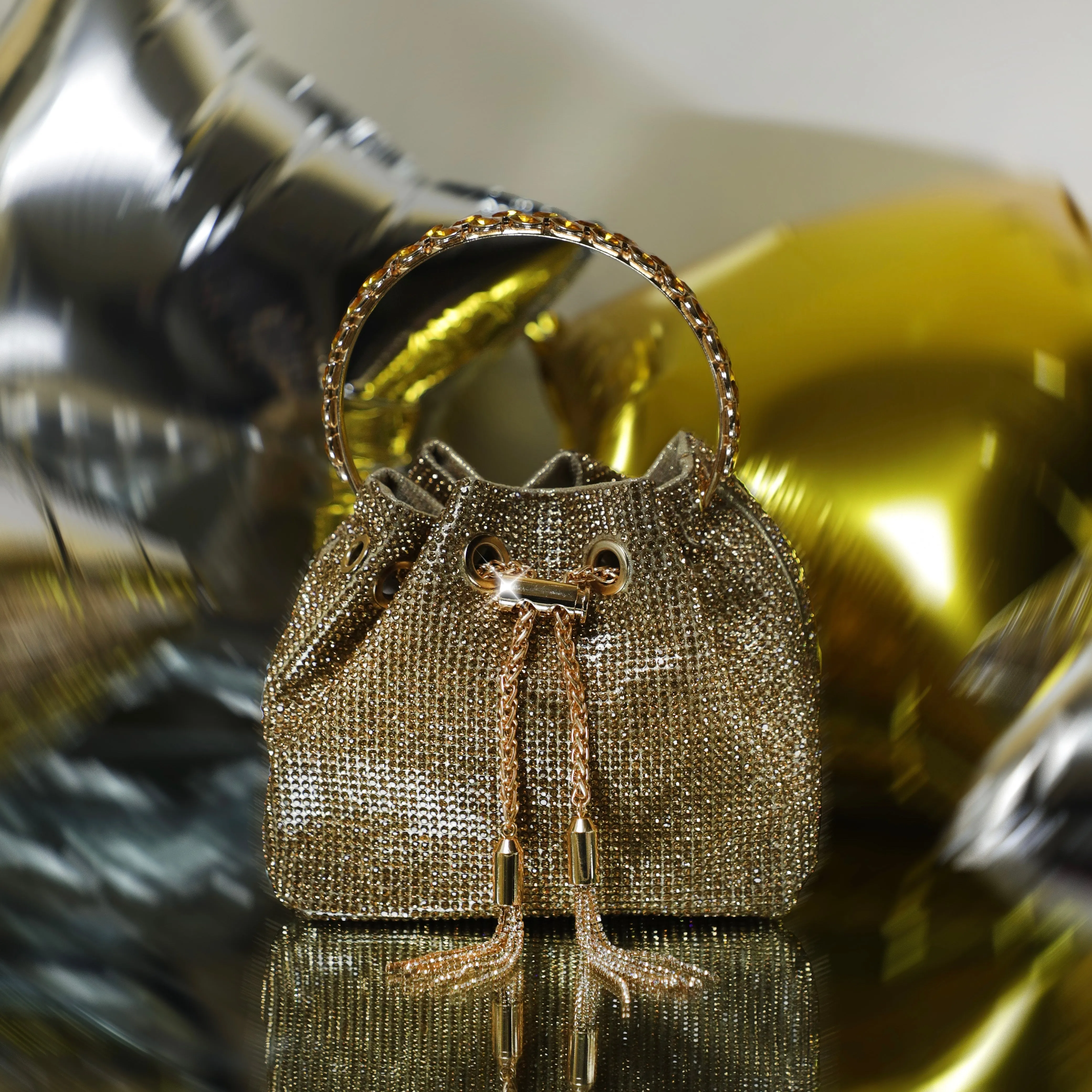 Golden Embellished Bucket Bag with Detachable Sling