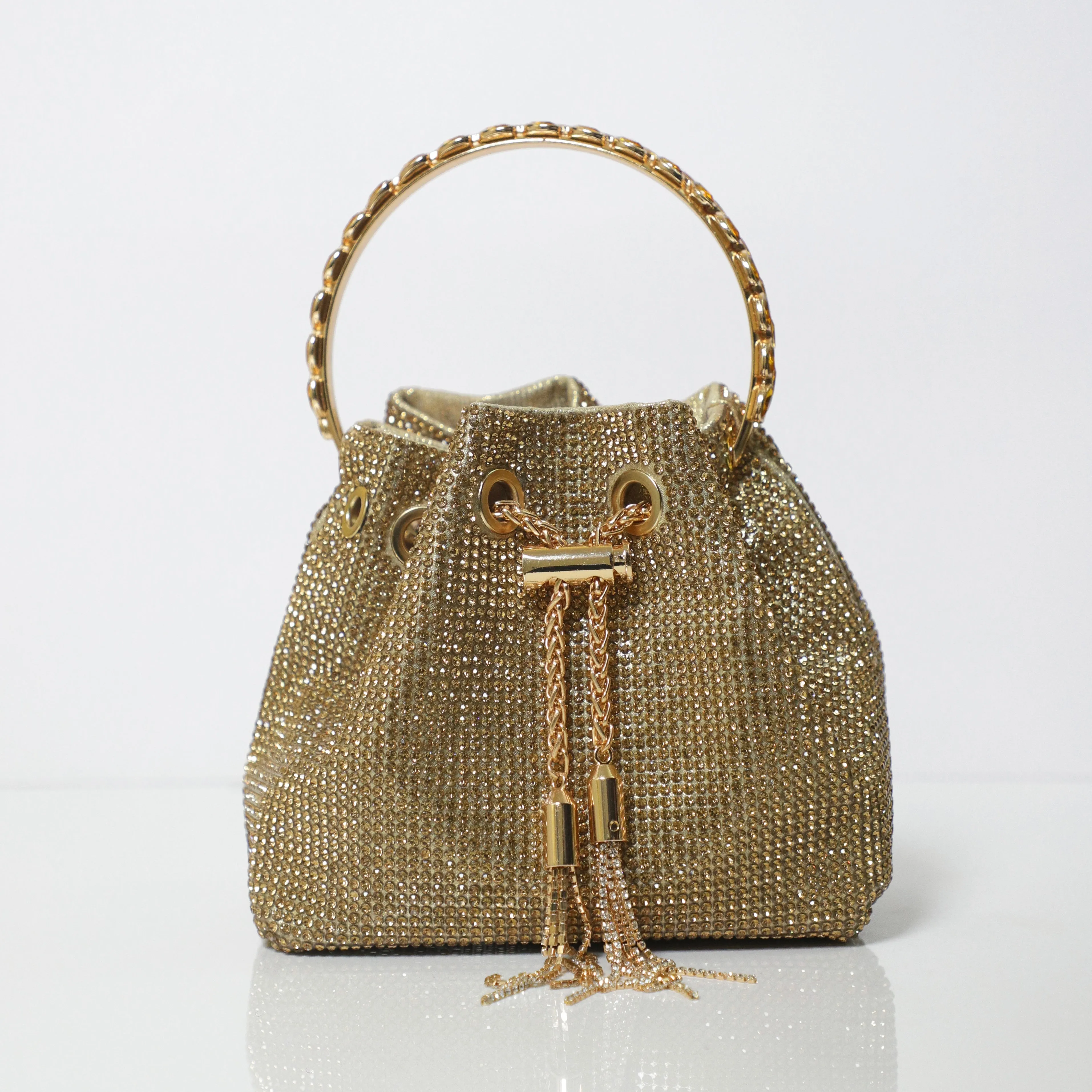 Golden Embellished Bucket Bag with Detachable Sling