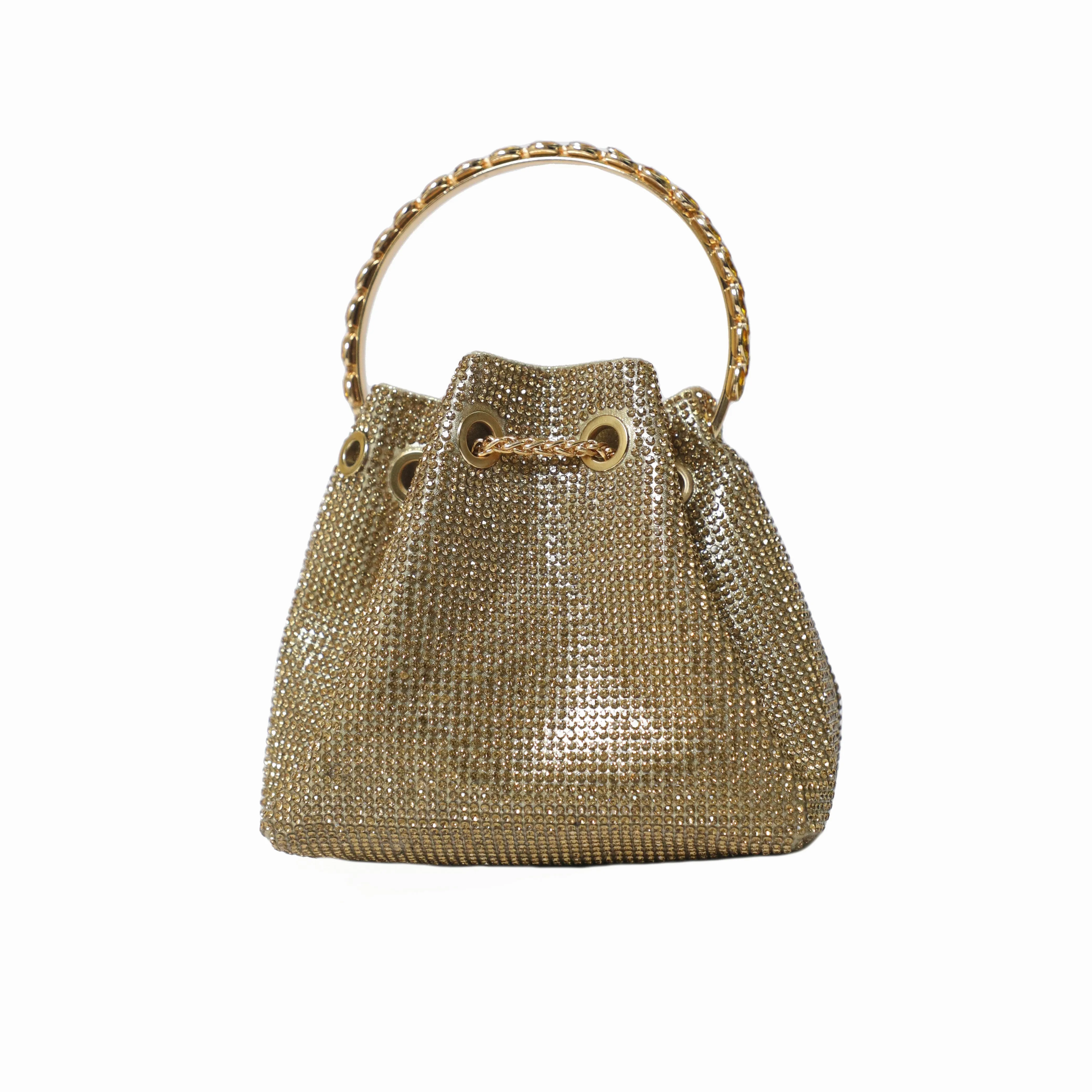Golden Embellished Bucket Bag with Detachable Sling