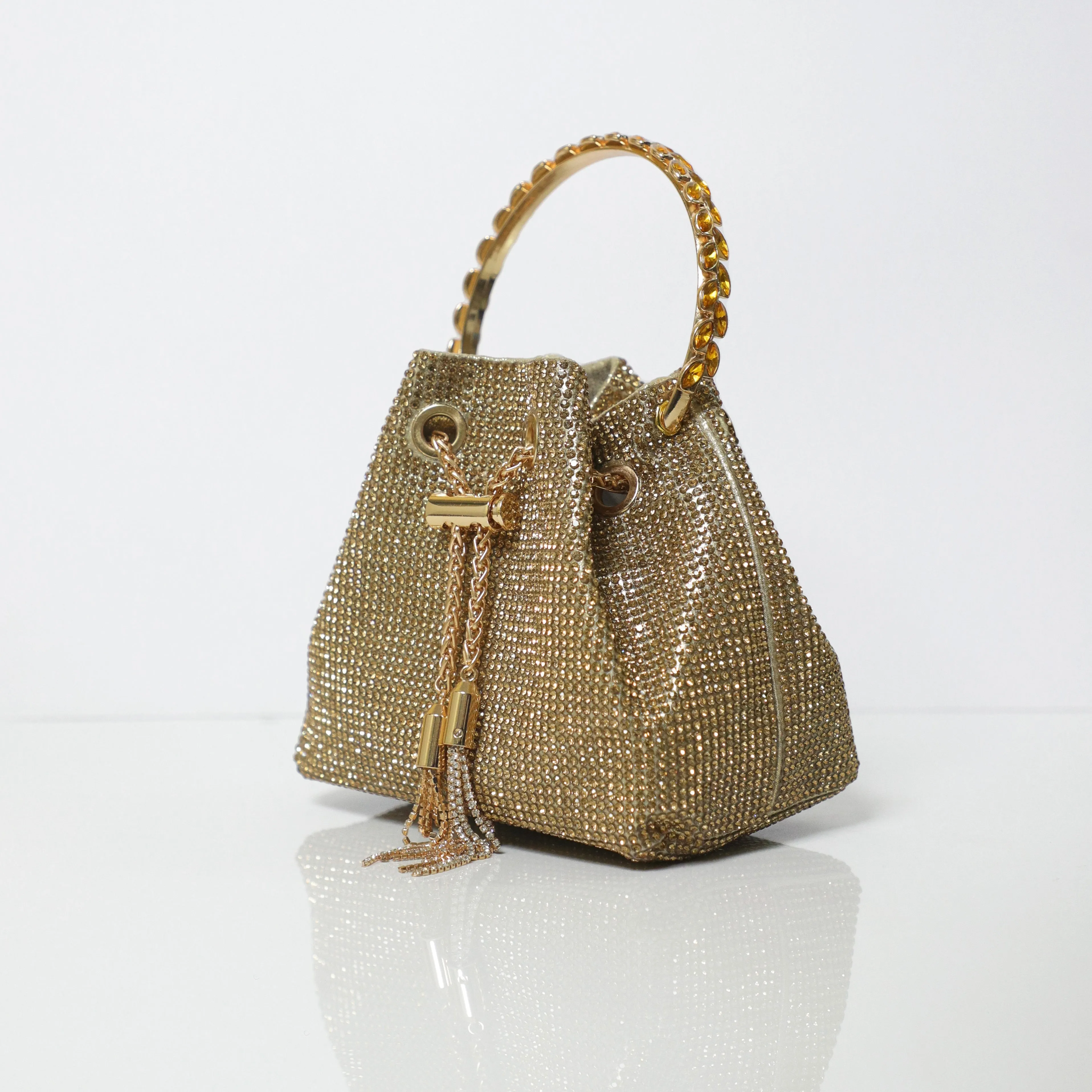 Golden Embellished Bucket Bag with Detachable Sling