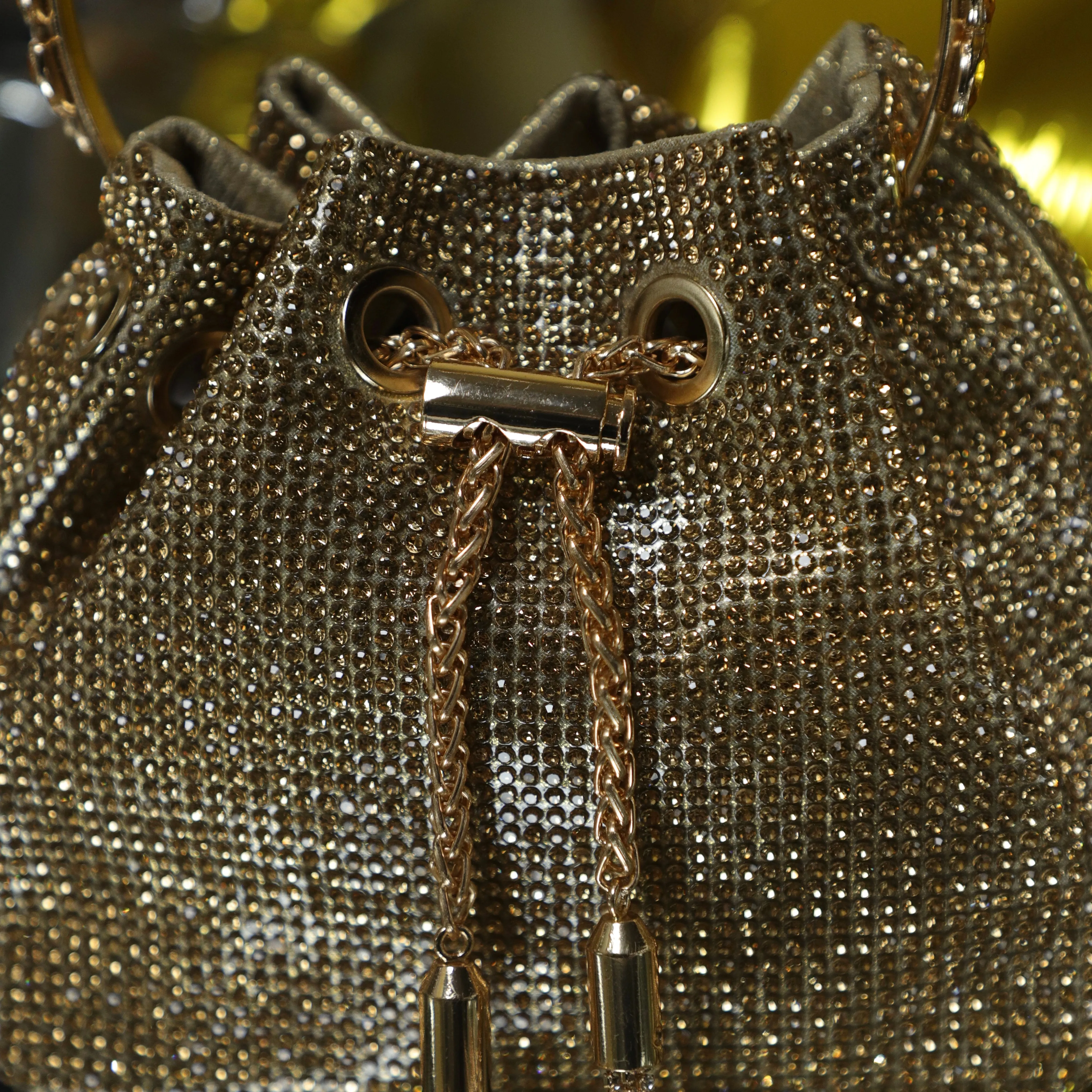 Golden Embellished Bucket Bag with Detachable Sling