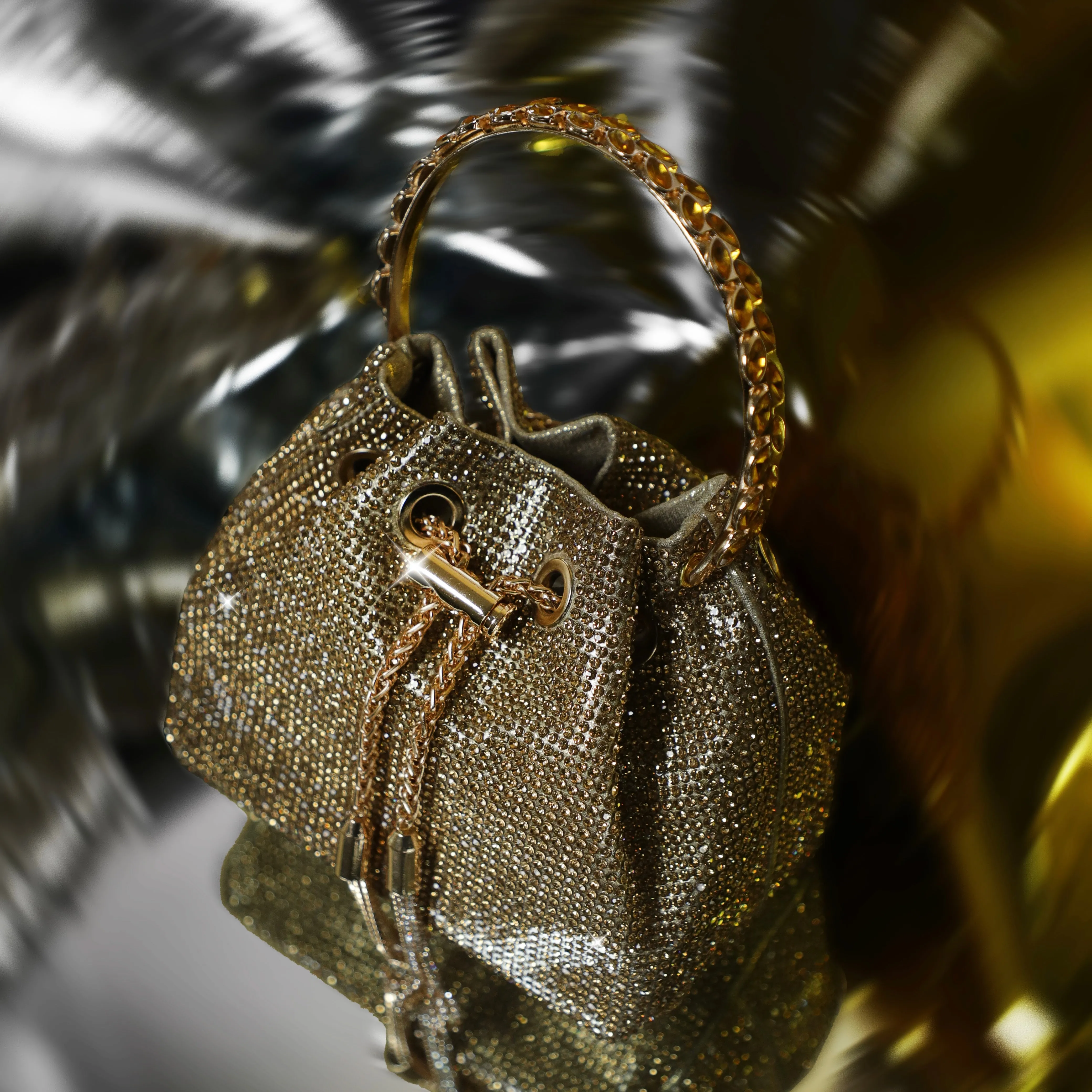 Golden Embellished Bucket Bag with Detachable Sling