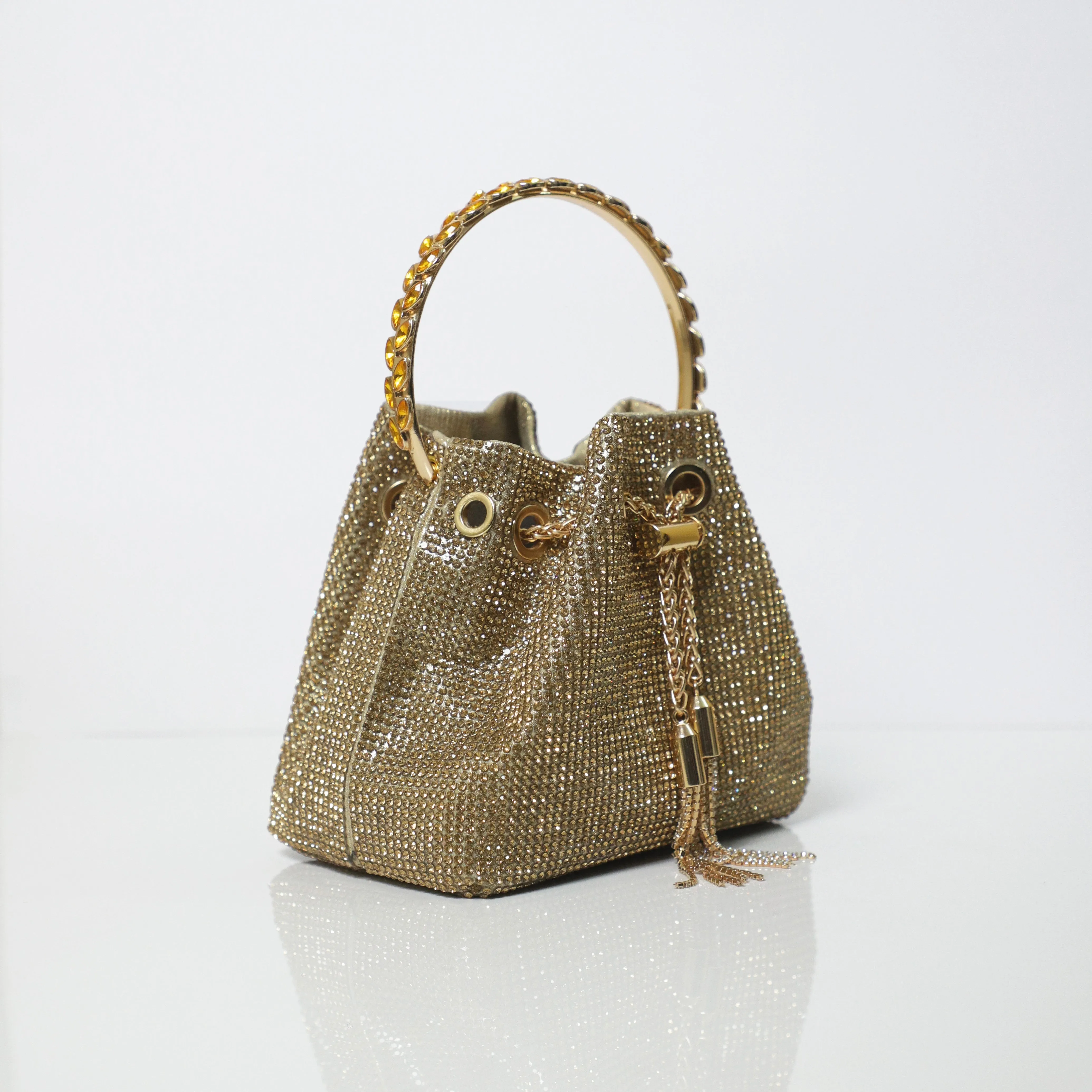 Golden Embellished Bucket Bag with Detachable Sling