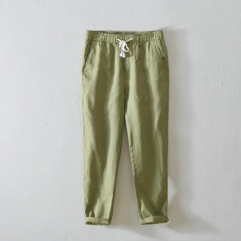 GOOSUDU L8104 Simple Solid Color Straight-Leg Pants Men's Lace Casual Pants Linen Breathable Cropped Pants Men's One Piece Dropshipping