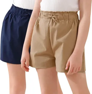GORLYA 2 Pack Girls Paper Bag Elastic Waist Frilly Trim Linen Twill Casual Shorts with Pockets for 4-14T