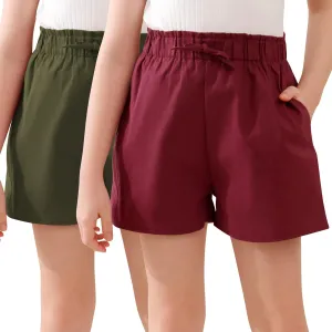 GORLYA 2 Pack Girls Paper Bag Elastic Waist Frilly Trim Linen Twill Casual Shorts with Pockets for 4-14T