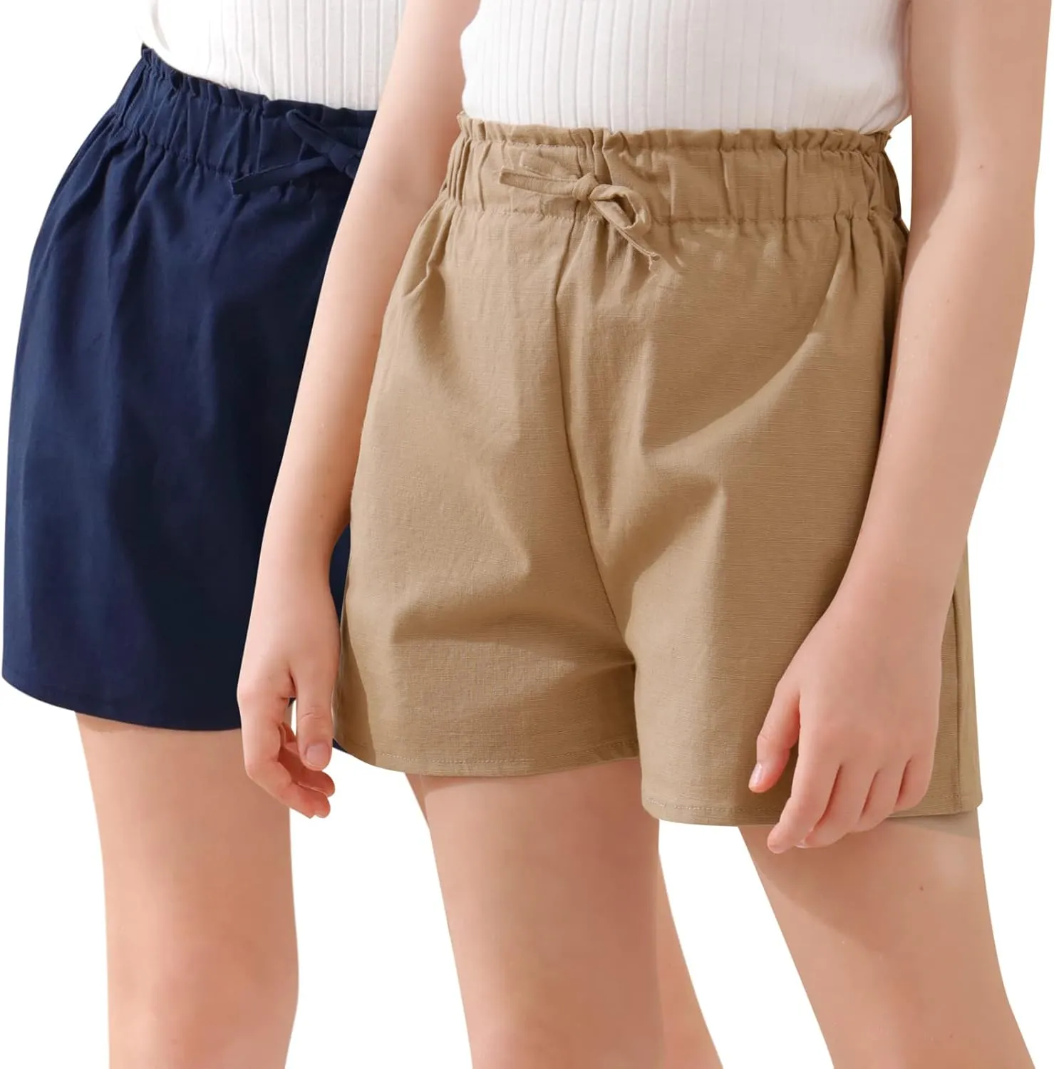 GORLYA 2 Pack Girls Paper Bag Elastic Waist Frilly Trim Linen Twill Casual Shorts with Pockets for 4-14T