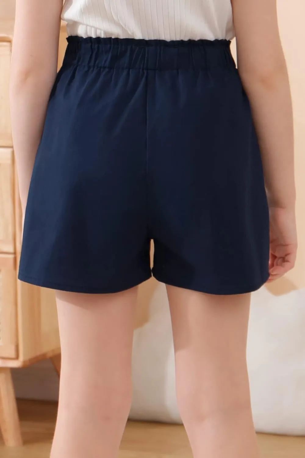 GORLYA 2 Pack Girls Paper Bag Elastic Waist Frilly Trim Linen Twill Casual Shorts with Pockets for 4-14T