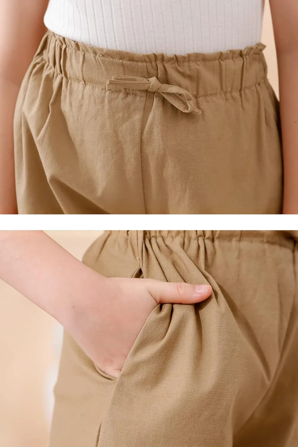 GORLYA 2 Pack Girls Paper Bag Elastic Waist Frilly Trim Linen Twill Casual Shorts with Pockets for 4-14T