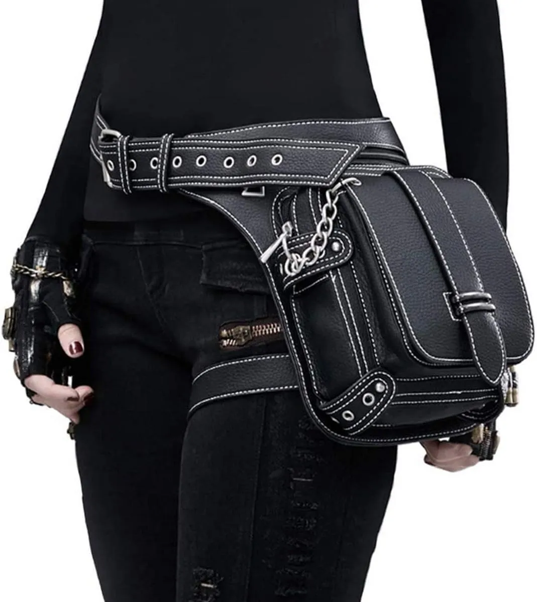 Gothic Waist Bag Punk Tactical Drop Leg Bag Outdoor Bike Motorcycle Cycling Hiking Fanny Pack Hip/Thigh Pouch Shoulder Bag Black (Black Chain)