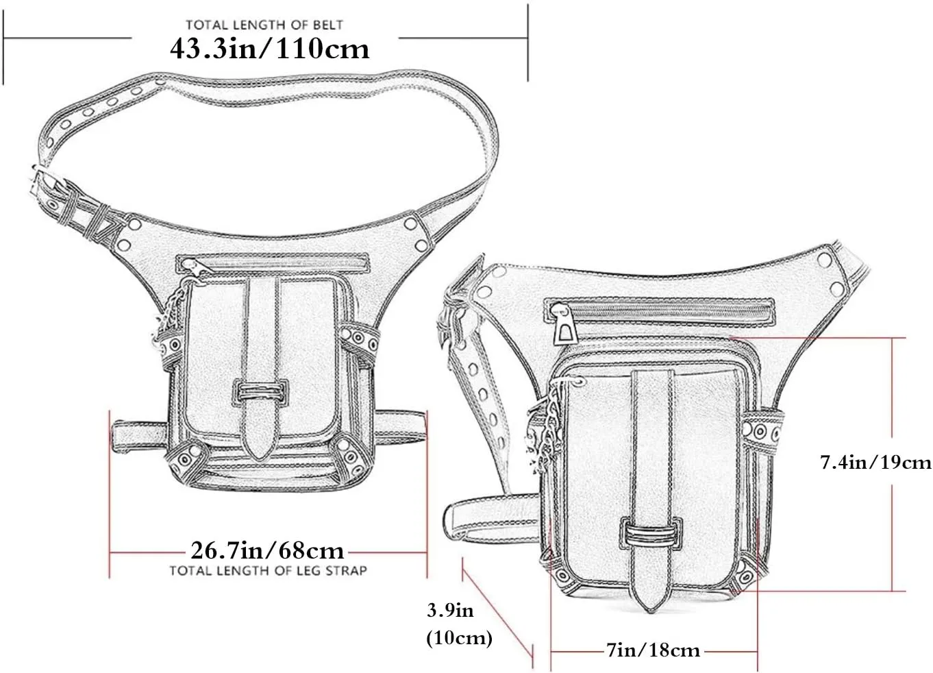 Gothic Waist Bag Punk Tactical Drop Leg Bag Outdoor Bike Motorcycle Cycling Hiking Fanny Pack Hip/Thigh Pouch Shoulder Bag Black (Black Chain)