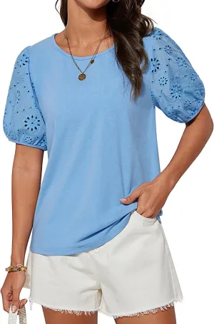 GRACE KARIN Short Sleeve Casual Tops for Women Dressy Summer Crewneck Puff Loose Fit Eyelet Top Light Work Blouses Shirts