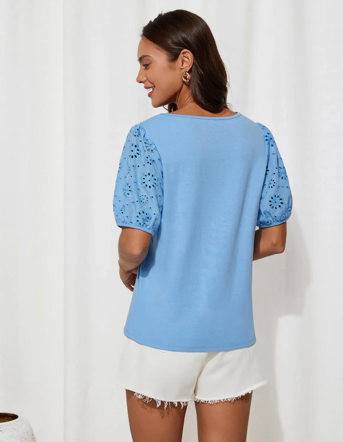 GRACE KARIN Short Sleeve Casual Tops for Women Dressy Summer Crewneck Puff Loose Fit Eyelet Top Light Work Blouses Shirts
