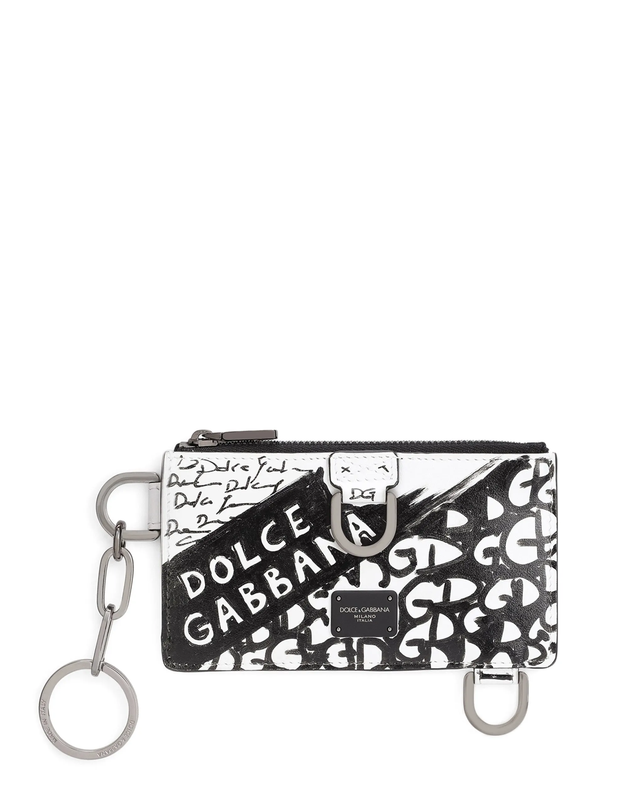 Graffiti-print calfskin card holder with keychain ring