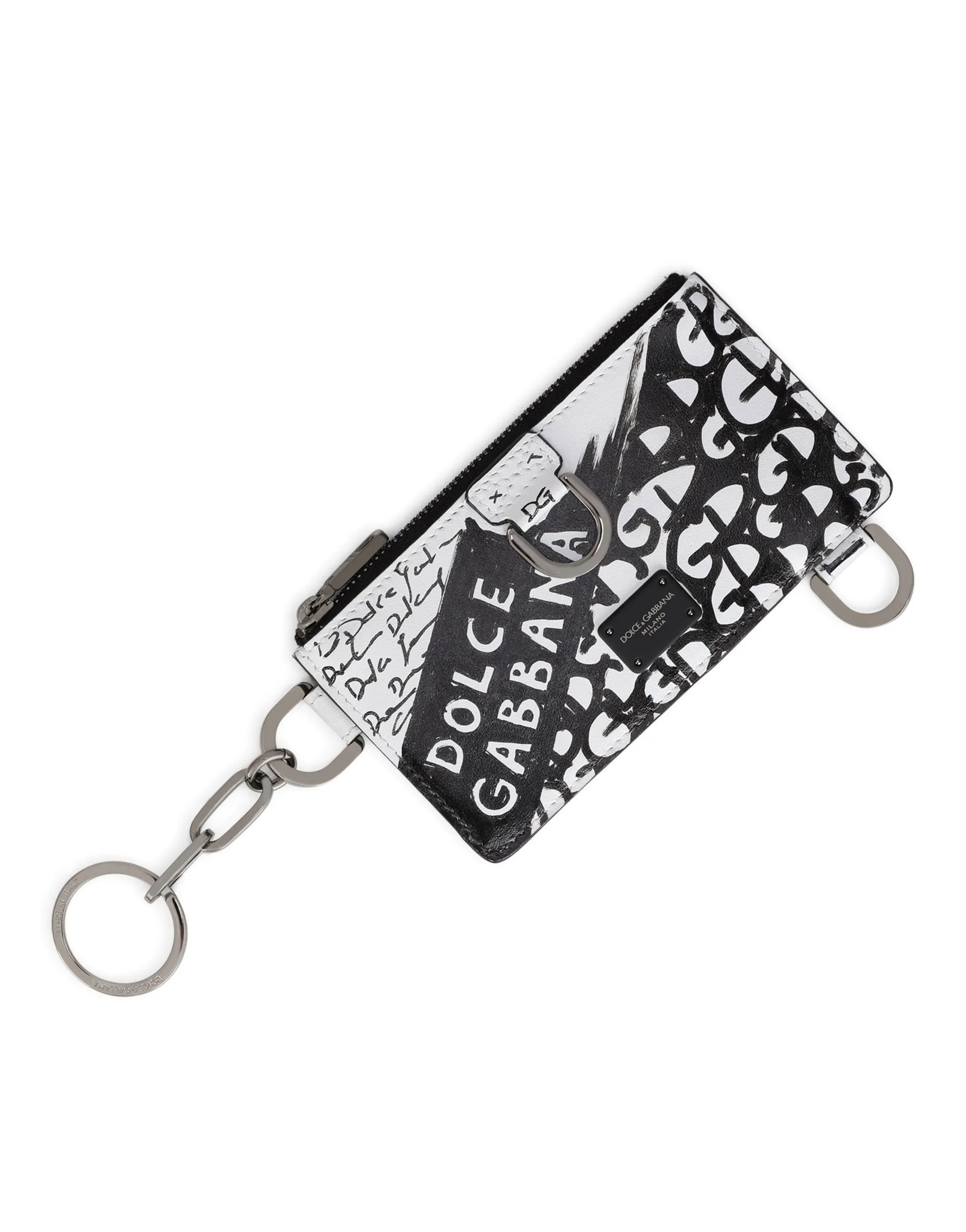 Graffiti-print calfskin card holder with keychain ring