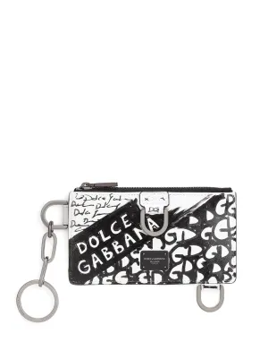 Graffiti-print calfskin card holder with keychain ring