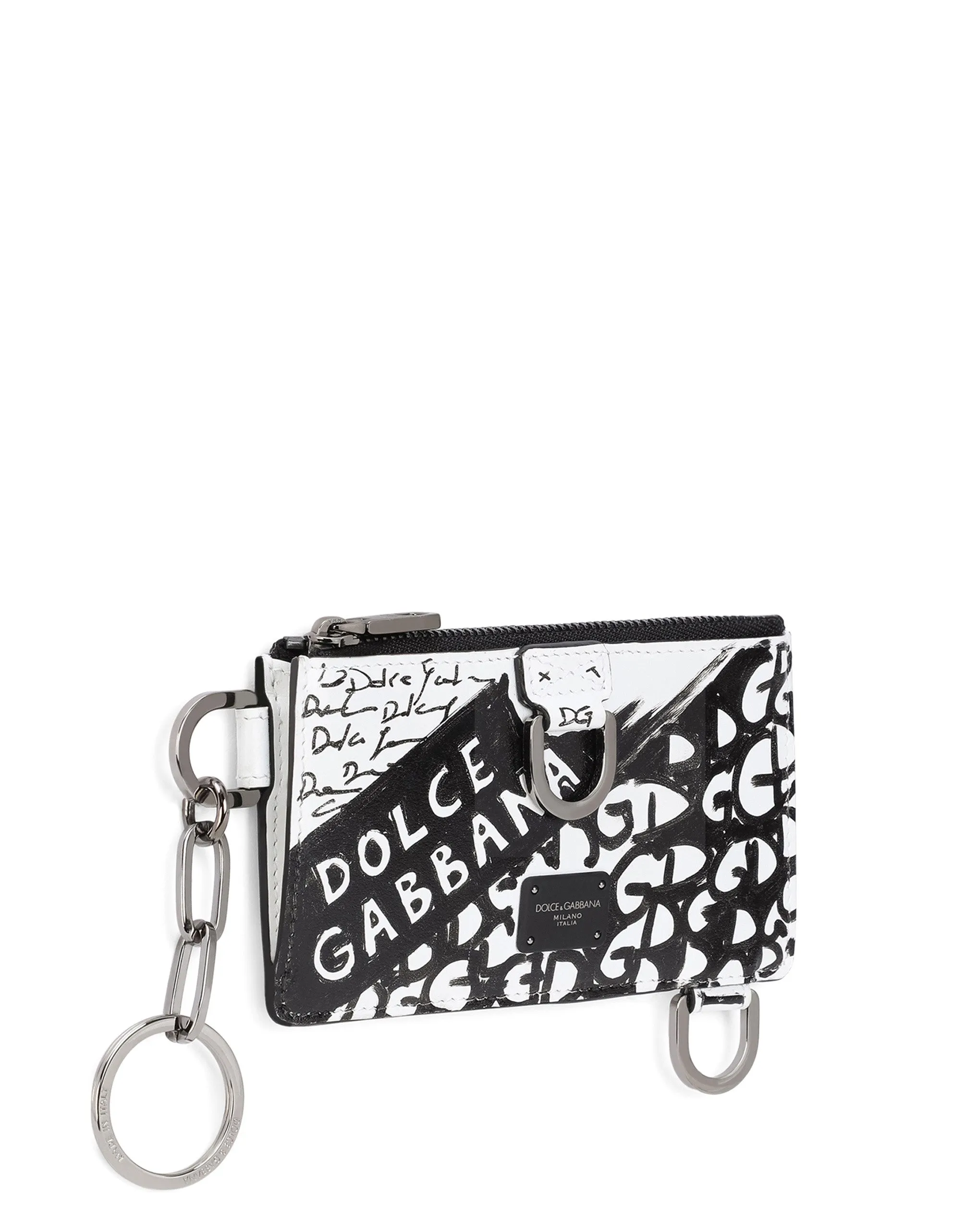 Graffiti-print calfskin card holder with keychain ring