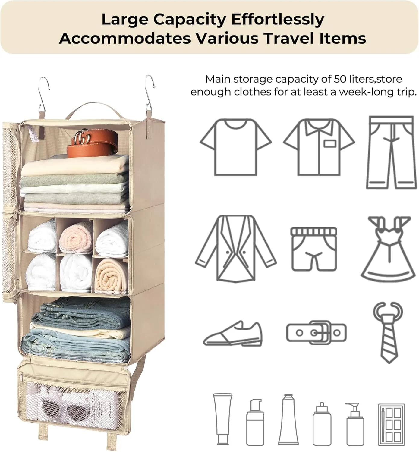 GRANNY SAYS Compression Packing Cubes for Travel, Extra Large Hanging Luggage Organizer, 3-Shelf Foldable Hanging Travel Shelves with 2 Hooks and Window, Packing Cubes for Carry on Suitcase Organizer