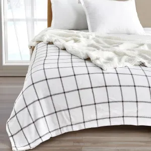 Great Bay Home Sherpa Fleece and Velvet Plush Throw Blanket Grey Windowpane, Thick Blanket for Chair, Sofa, or Bed. Warm, Reversible, Soft Fleece Throw Blanket. Kinsley Collection, Grey Windowpane