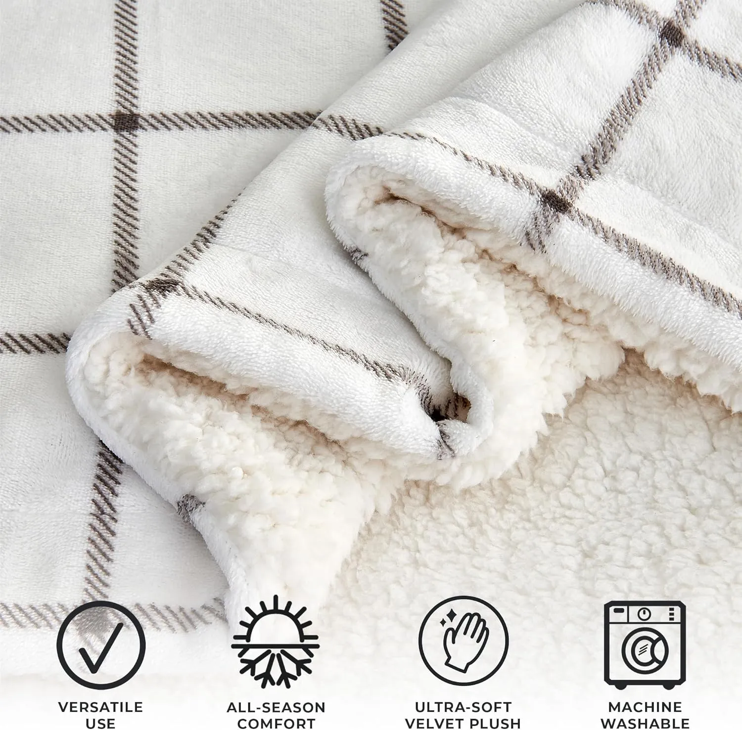 Great Bay Home Sherpa Fleece and Velvet Plush Throw Blanket Grey Windowpane, Thick Blanket for Chair, Sofa, or Bed. Warm, Reversible, Soft Fleece Throw Blanket. Kinsley Collection, Grey Windowpane