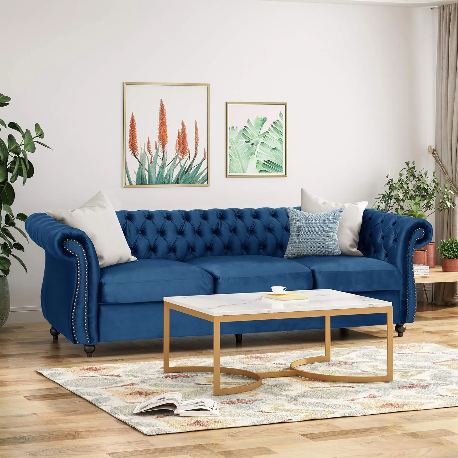 Great Deal Furniture GDFStudio Chesterfield Tufted Jewel Toned Velvet Sofa with Scroll Arms, Navy Blue