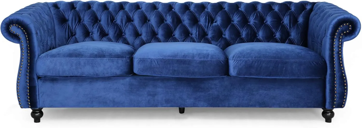Great Deal Furniture GDFStudio Chesterfield Tufted Jewel Toned Velvet Sofa with Scroll Arms, Navy Blue