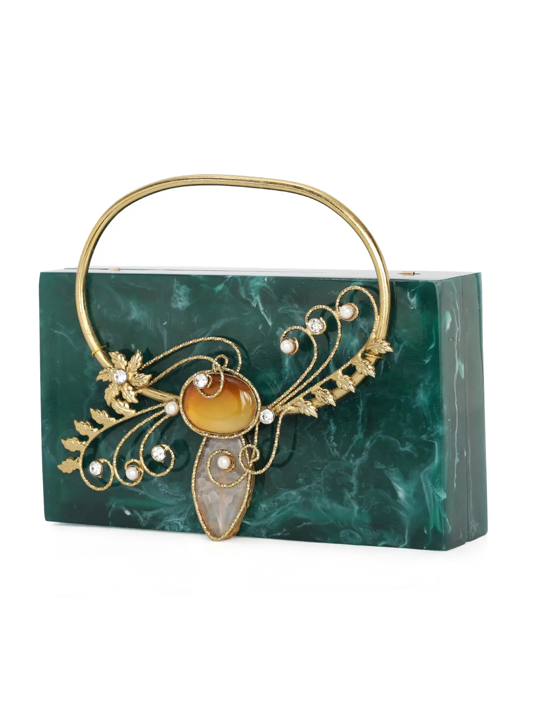 Green Solid Party Box Clutches With Attractive Brass Handle