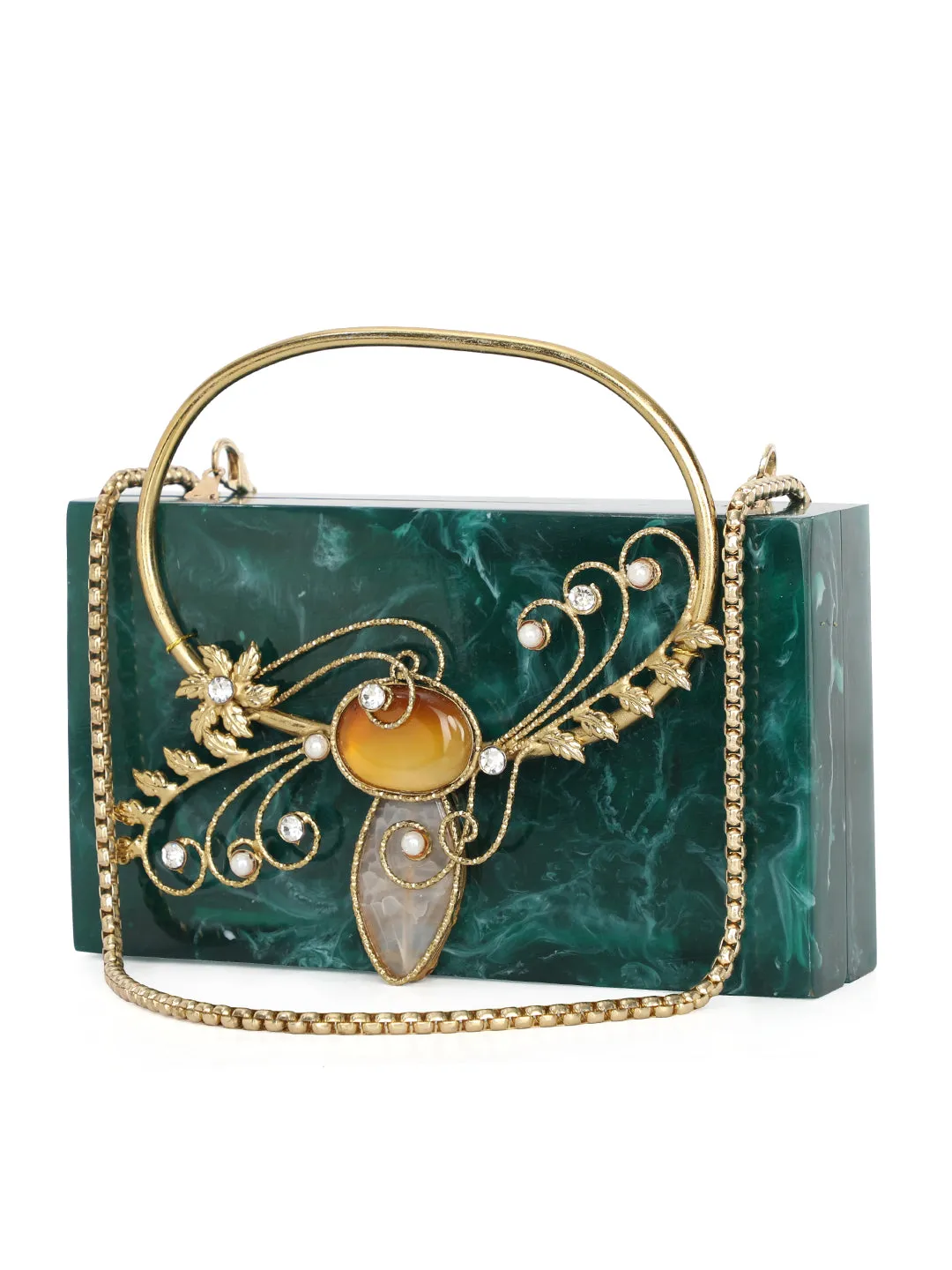 Green Solid Party Box Clutches With Attractive Brass Handle