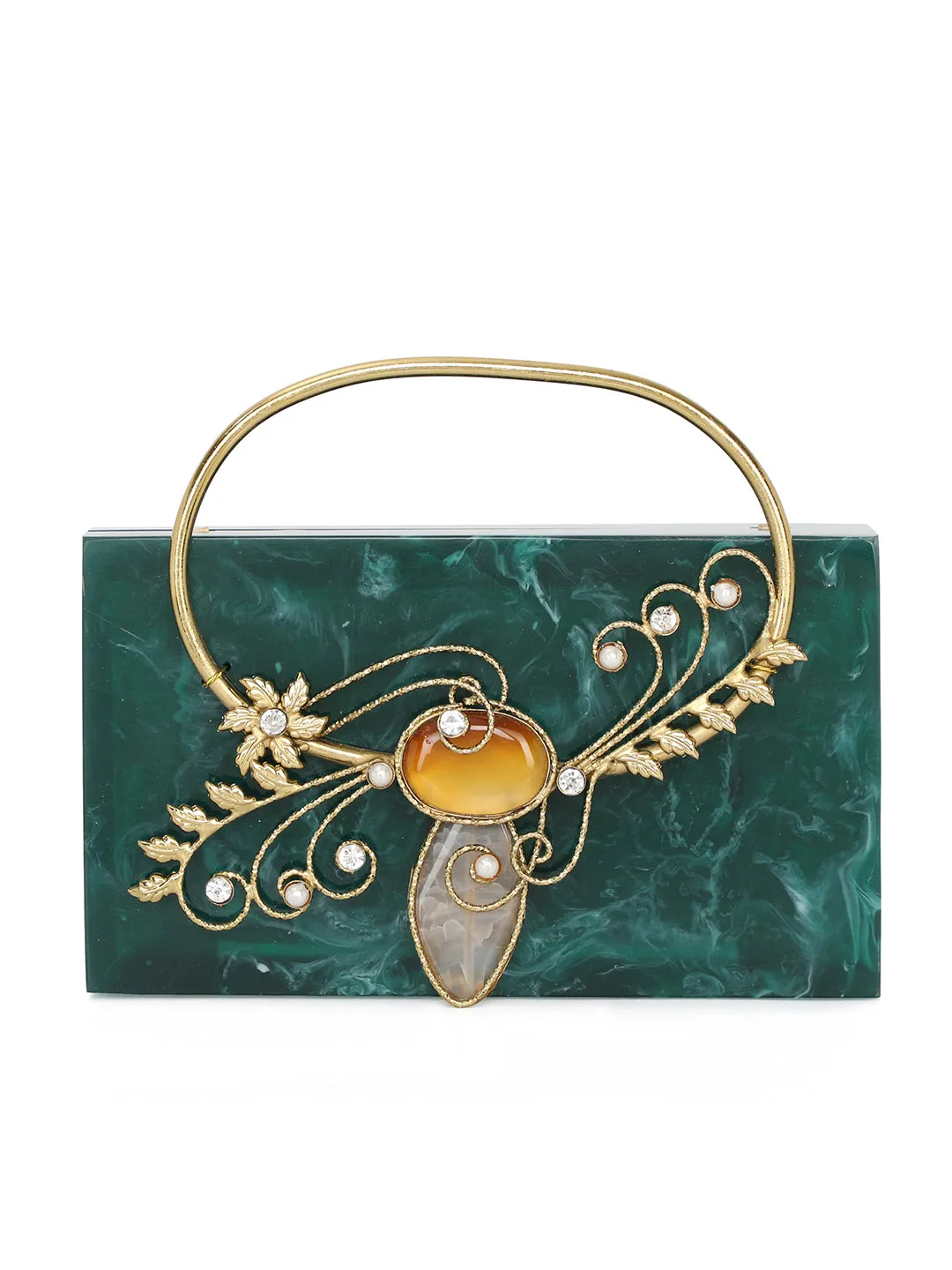 Green Solid Party Box Clutches With Attractive Brass Handle