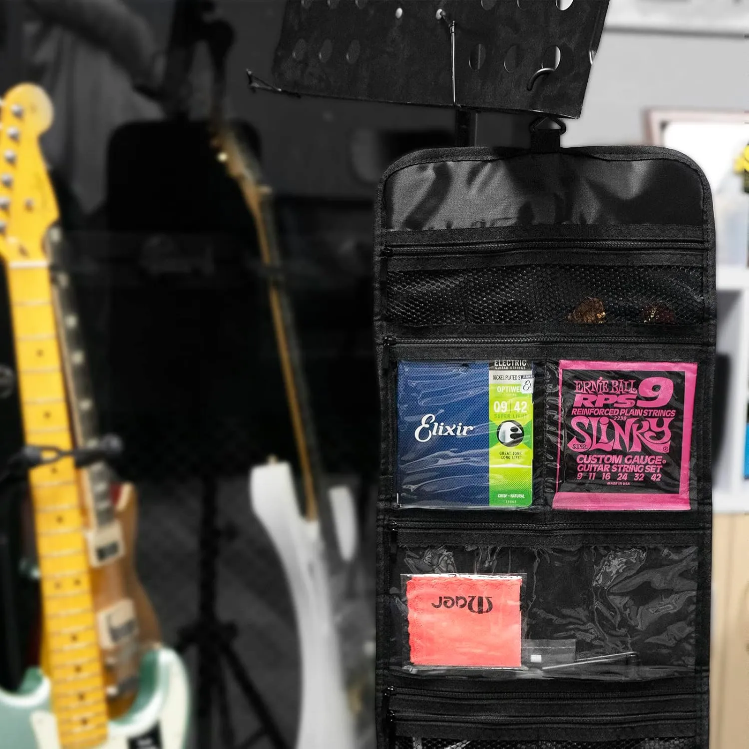 Guitar Accessory Organizer Bag, Foldable Easy Access Pockets Case, Picks, Strap, Capo, Strings Holder Storage (Gainsboro)