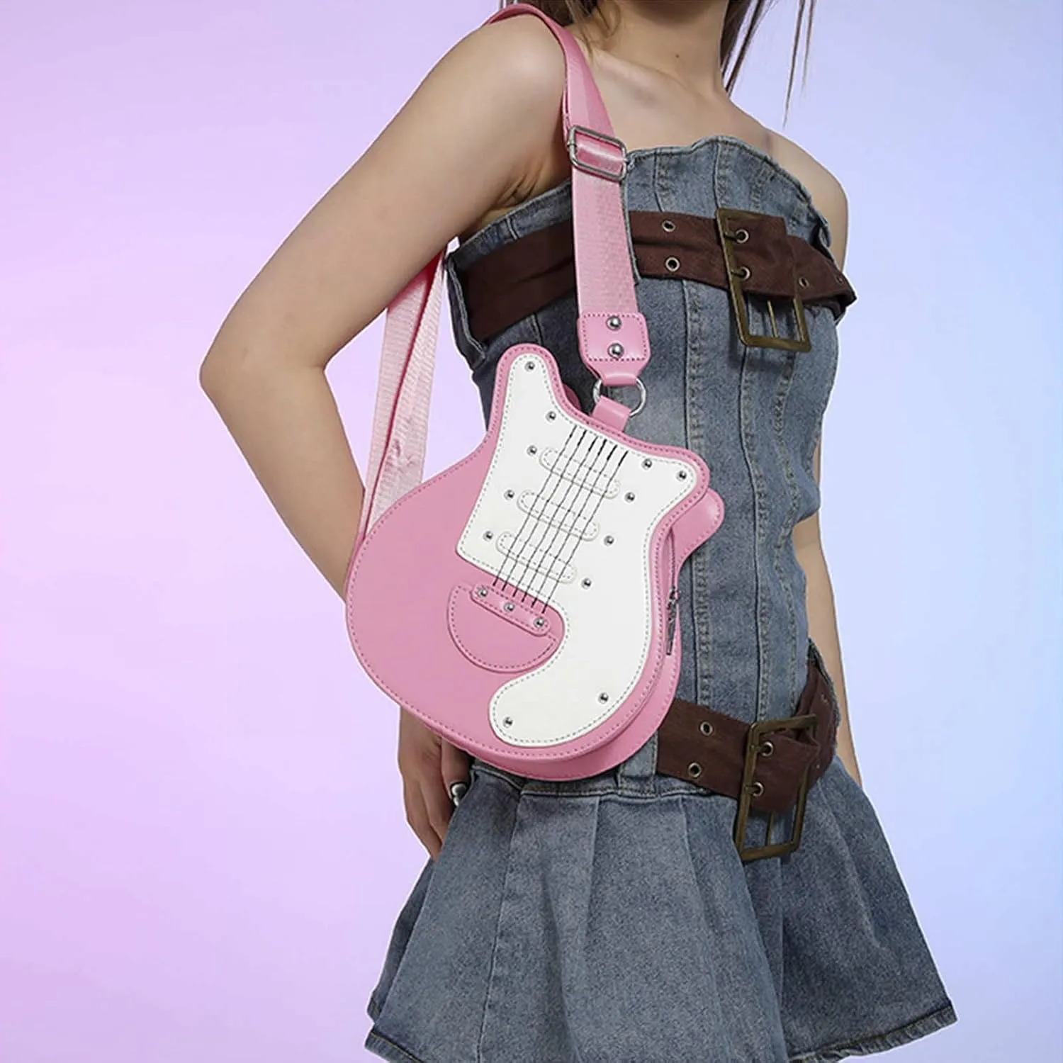 Guitar Shaped Shoulder Bag for Women, Fashion Rock Music Crossbody Bag, Cute Rivet Creative Handbag