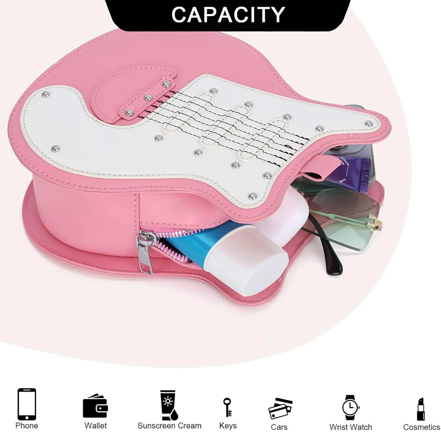 Guitar Shaped Shoulder Bag for Women, Fashion Rock Music Crossbody Bag, Cute Rivet Creative Handbag
