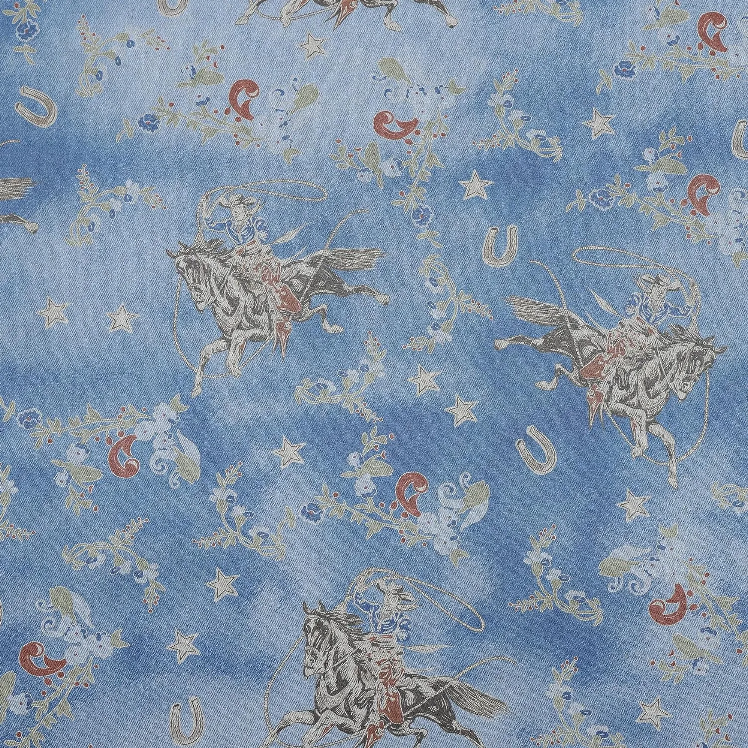 H HIEND ACCENTS Tasha Polizzi for Paseo Road Lee Western 2 Piece Duvet Cover Set, Twin Size, Washed Denim Bronc Rider Floral Horseshoe Print Western Bedding with Pillow Sham
