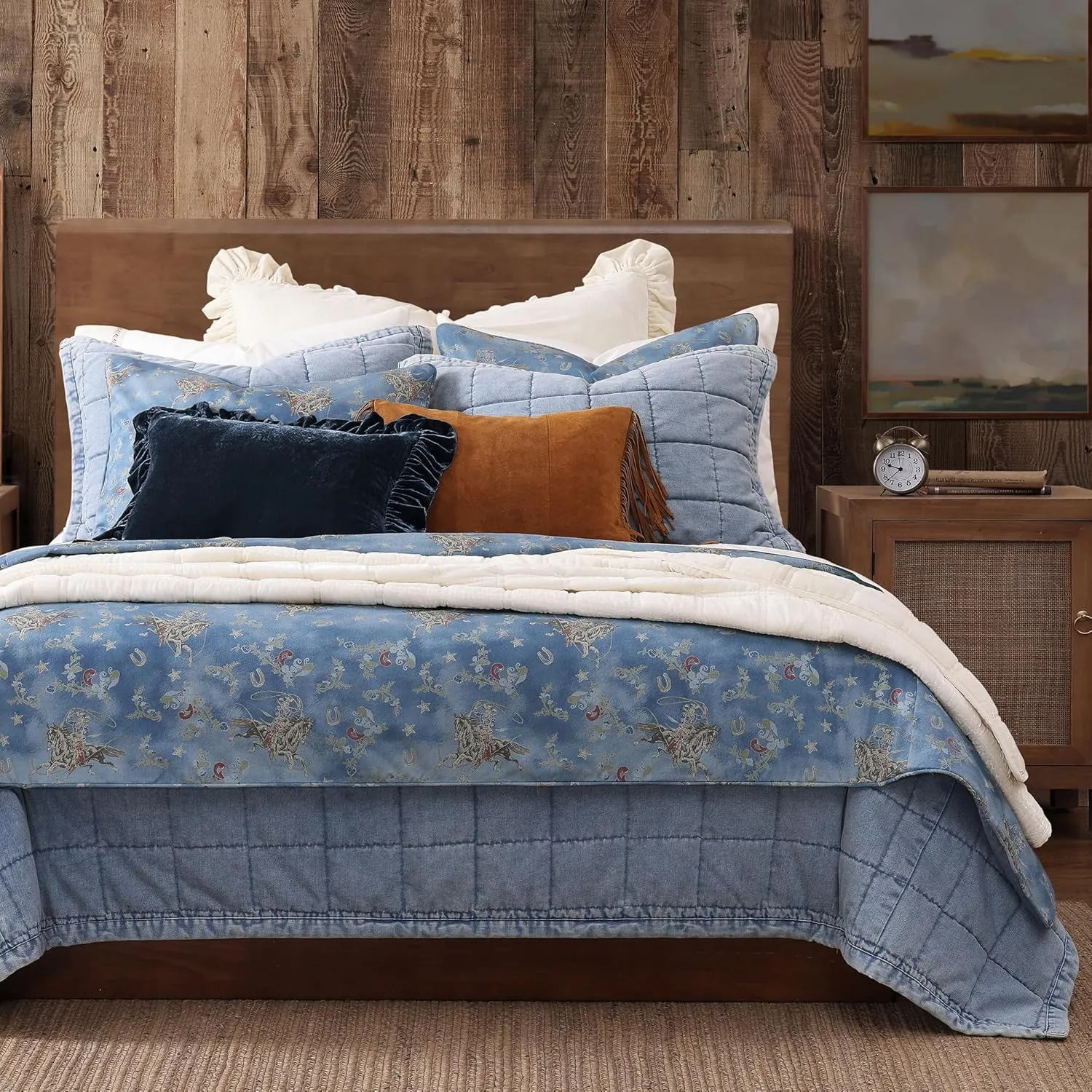 H HIEND ACCENTS Tasha Polizzi for Paseo Road Lee Western 3 Piece Comforter Set, Queen Size, Washed Denim Bronc Rider Floral Horseshoe Print Bed Set, Western Bedding with Pillow Shams