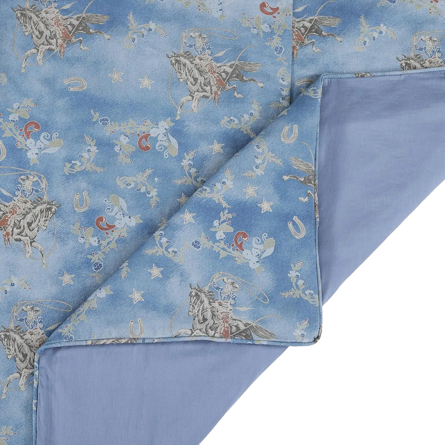 H HIEND ACCENTS Tasha Polizzi for Paseo Road Lee Western 3 Piece Comforter Set, Queen Size, Washed Denim Bronc Rider Floral Horseshoe Print Bed Set, Western Bedding with Pillow Shams